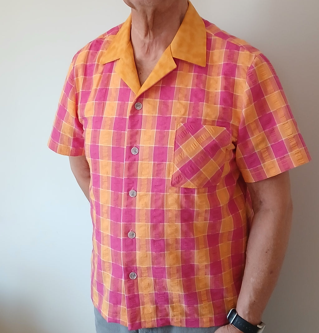 Men's Summer Seersucker Cotton Shirt, Short Sleeves, Button Up, Plaid