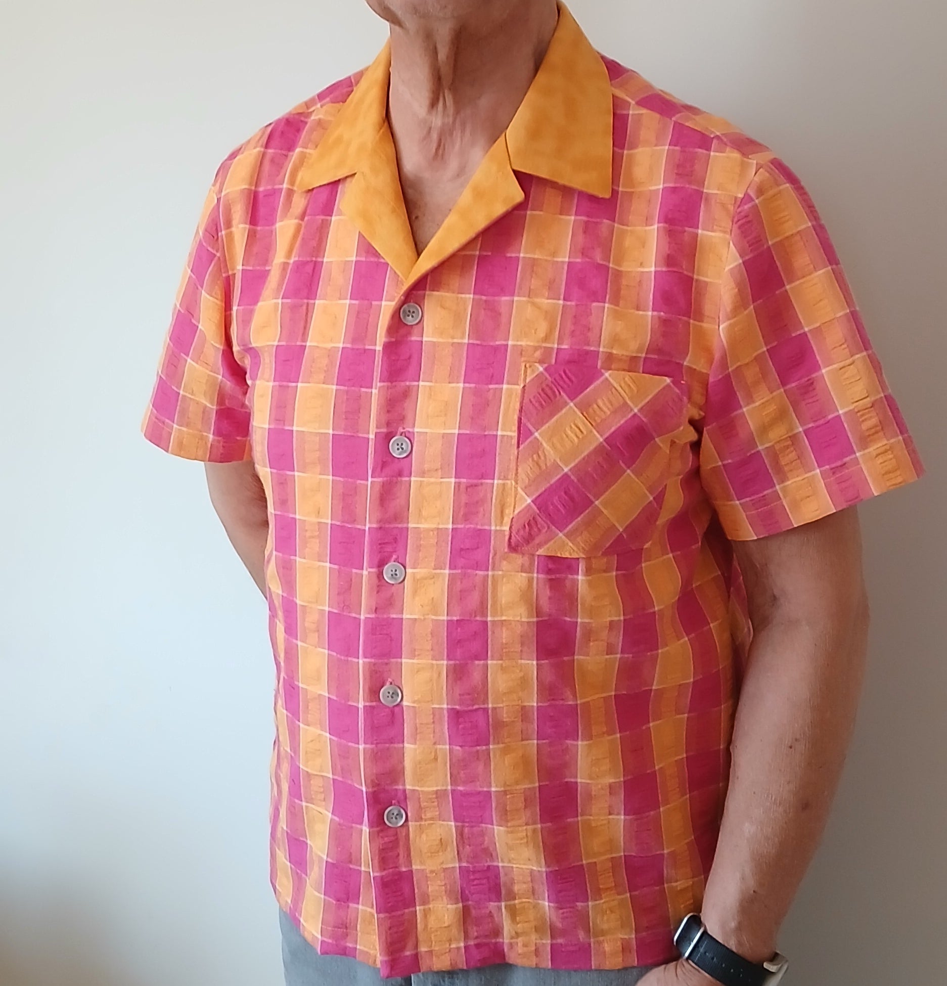 Men's Summer Seersucker Cotton Shirt, Short Sleeves, Button Up, Plaid