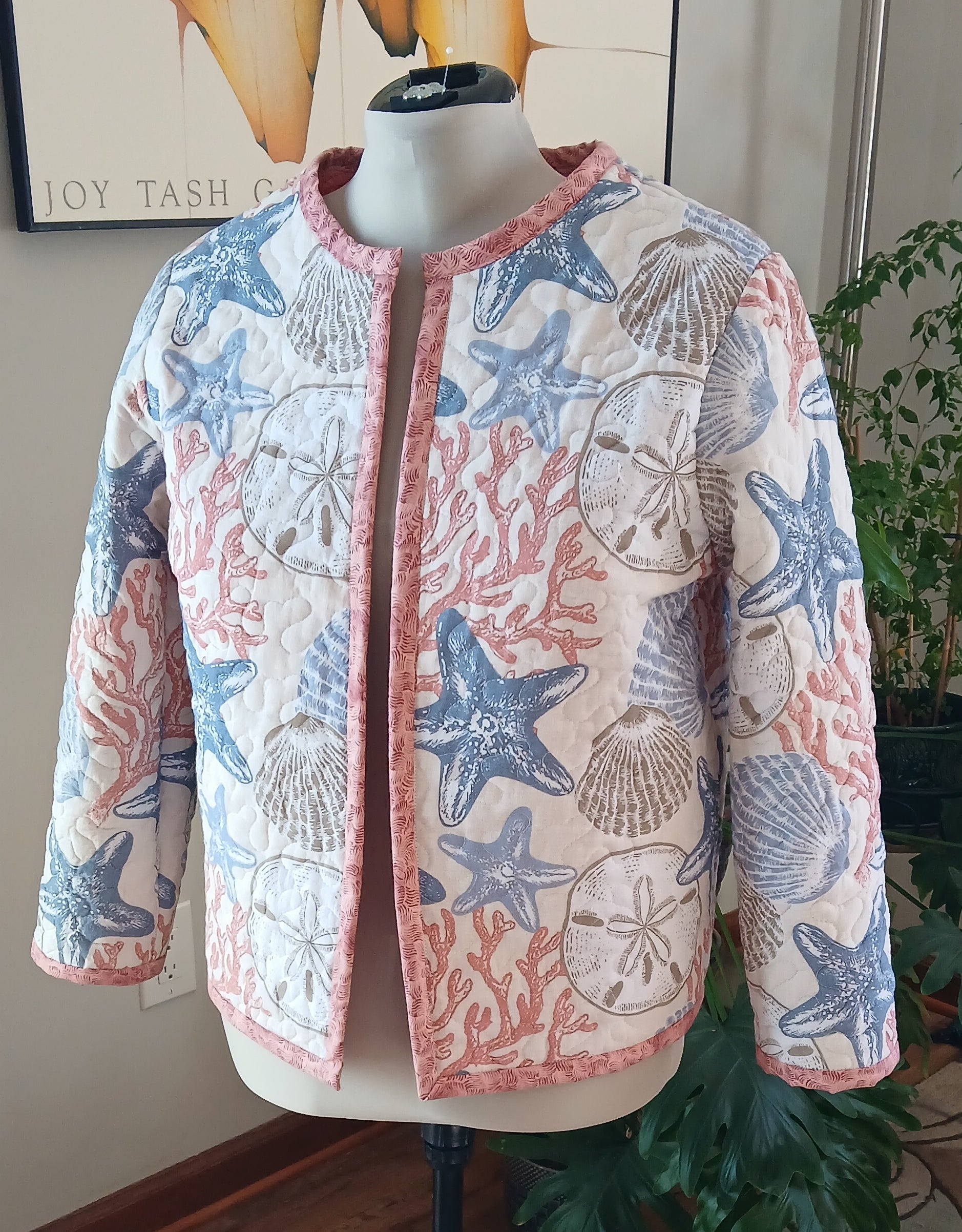 Upcycled Quilt Jacket, Coastl Design, Starfish, Coral, Sand Dollars