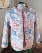 Upcycled Quilt Jacket, Coastl Design, Starfish, Coral, Sand Dollars