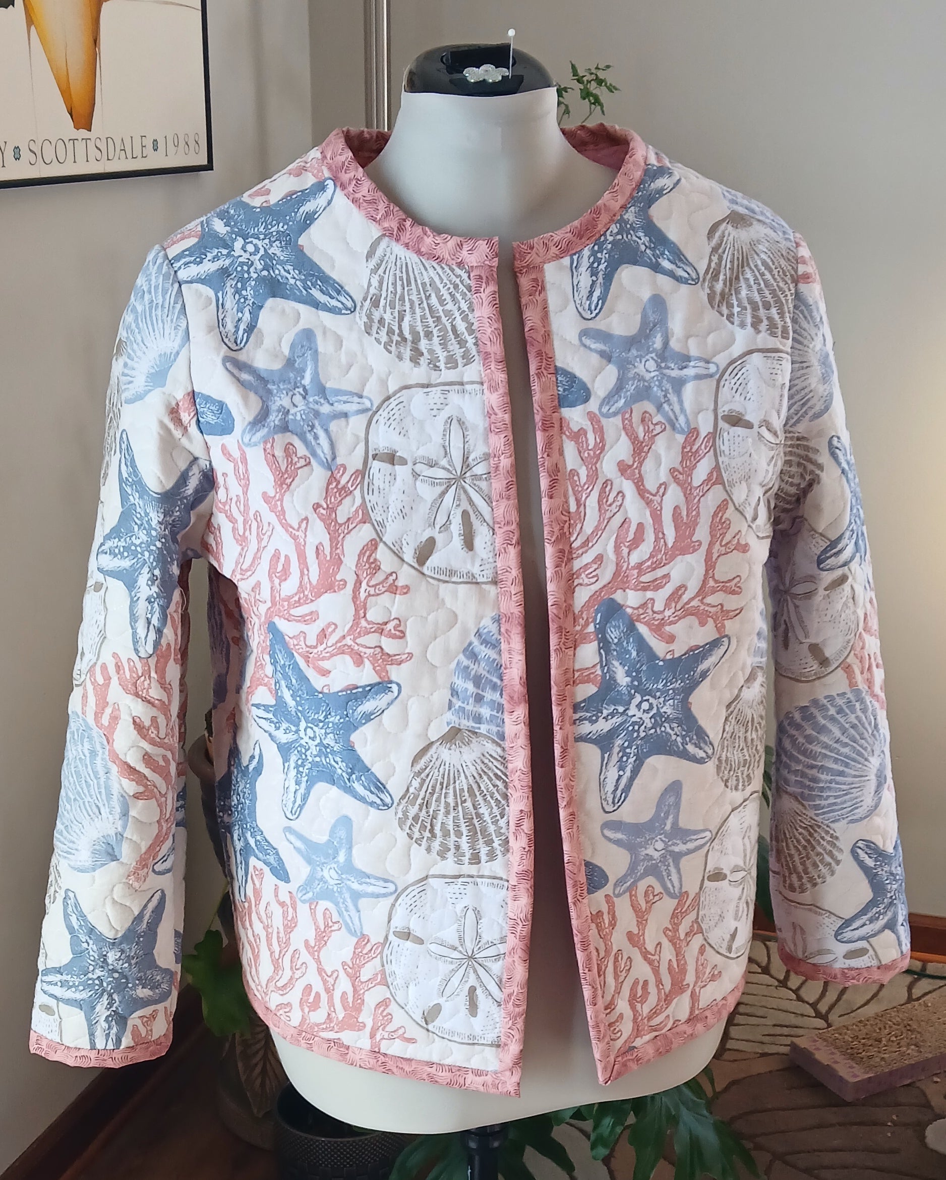 Upcycled Quilt Jacket, Coastl Design, Starfish, Coral, Sand Dollars