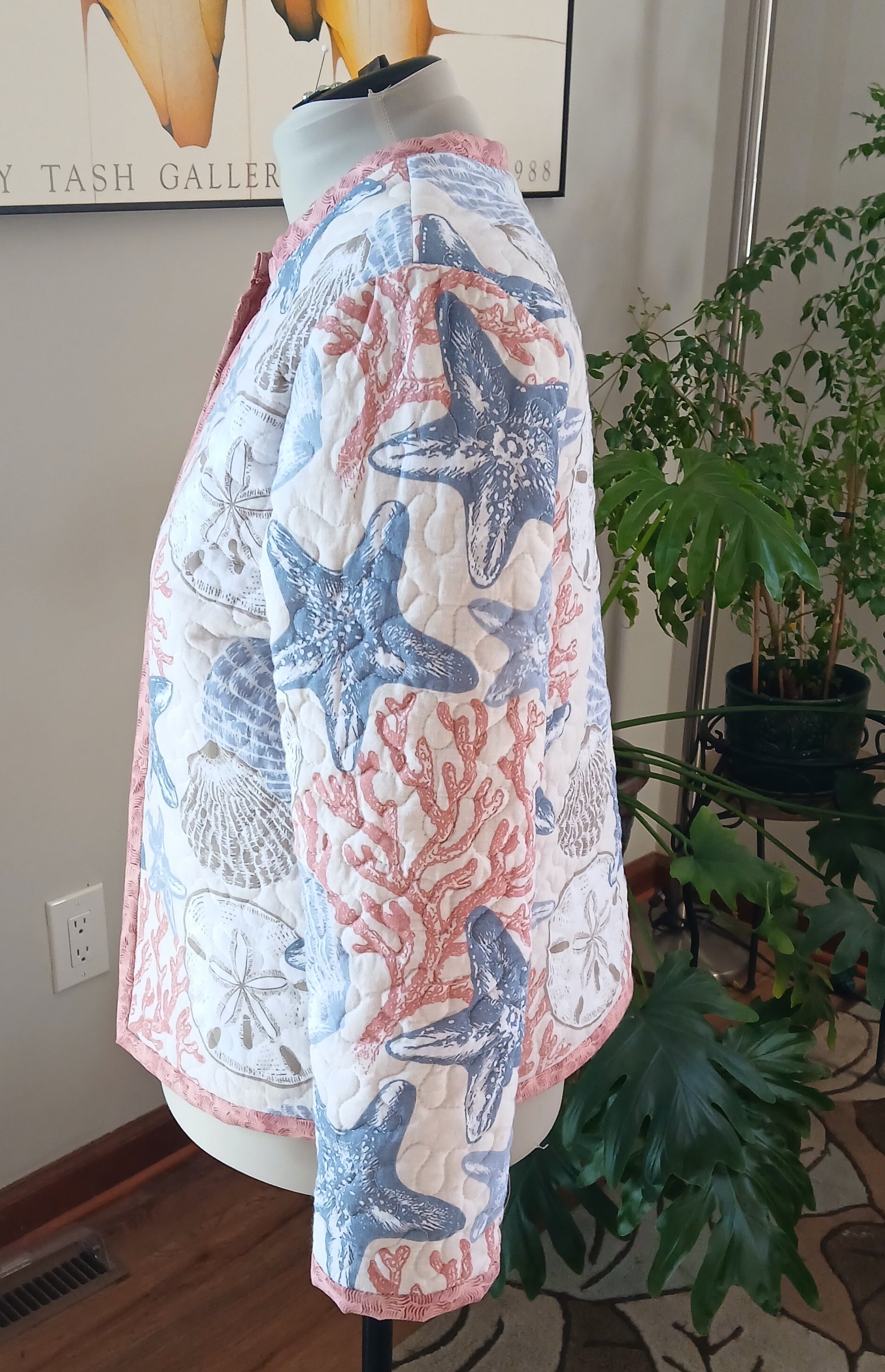 Upcycled Quilt Jacket, Coastl Design, Starfish, Coral, Sand Dollars