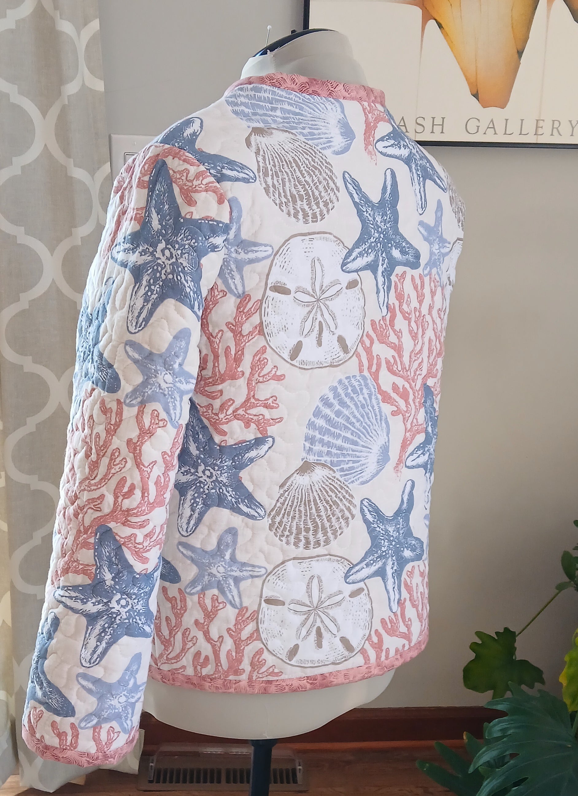 Upcycled Quilt Jacket, Coastl Design, Starfish, Coral, Sand Dollars