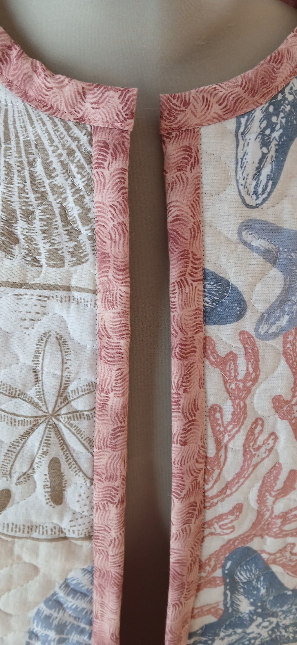 Upcycled Quilt Jacket, Coastl Design, Starfish, Coral, Sand Dollars