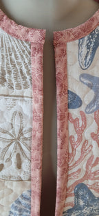 Upcycled Quilt Jacket, Coastl Design, Starfish, Coral, Sand Dollars