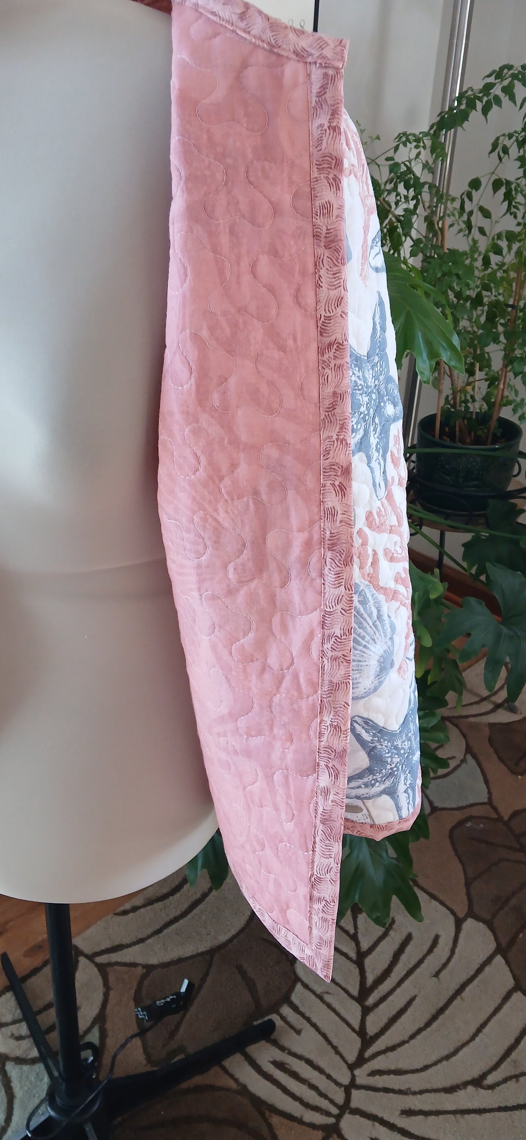 Upcycled Quilt Jacket, Coastl Design, Starfish, Coral, Sand Dollars