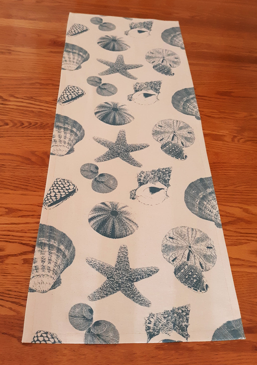 Coastal Table Runner | Turquoise Shell Pattern | 100% Cotton | Handmade in USA