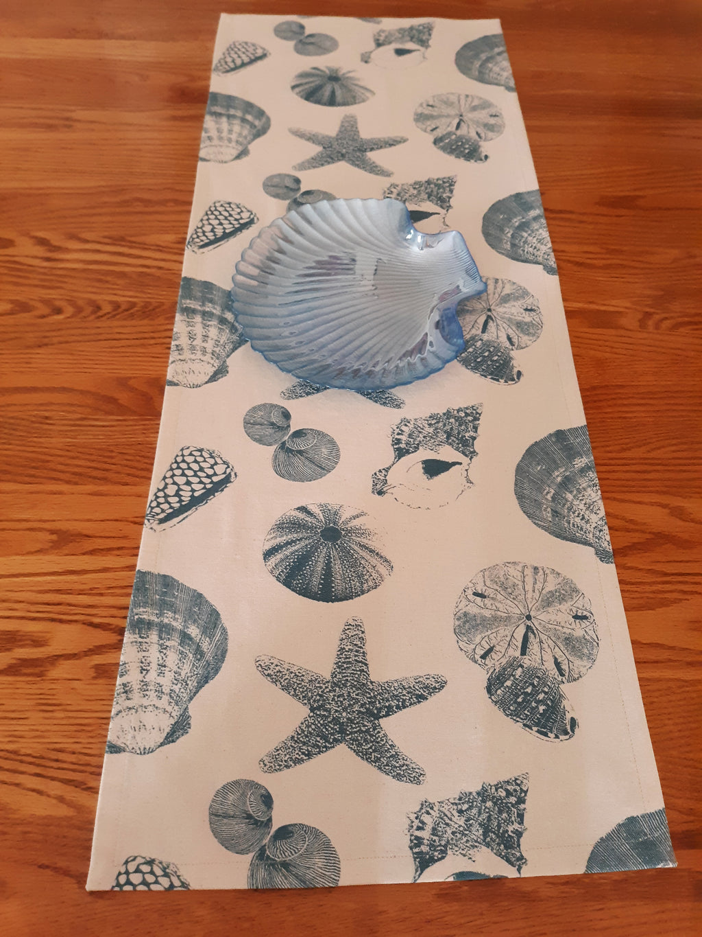 Coastal Table Runner | Turquoise Shell Pattern | 100% Cotton | Handmade in USA