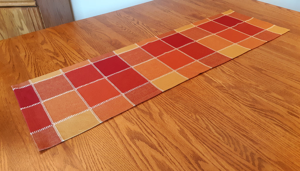 Country Checked Table Runner, 14"x60" Woven Blocks Red Orange Gold, 100% Cotton