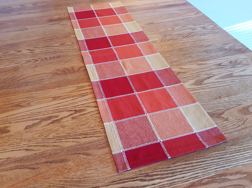 Country Checked Table Runner, 14"x60" Woven Blocks Red Orange Gold, 100% Cotton