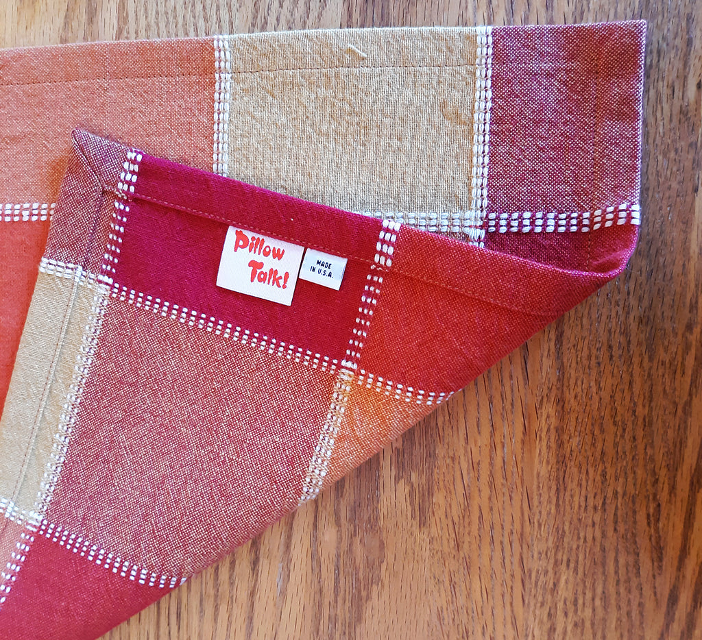 Country Checked Table Runner, 14"x60" Woven Blocks Red Orange Gold, 100% Cotton