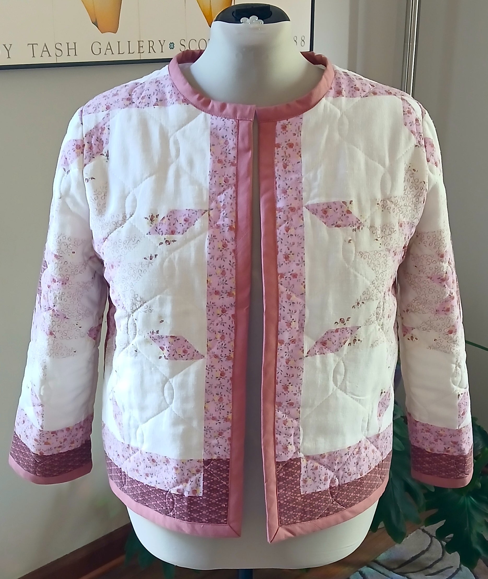 Upcycled Quilt Jacket, Pink Star Design on White