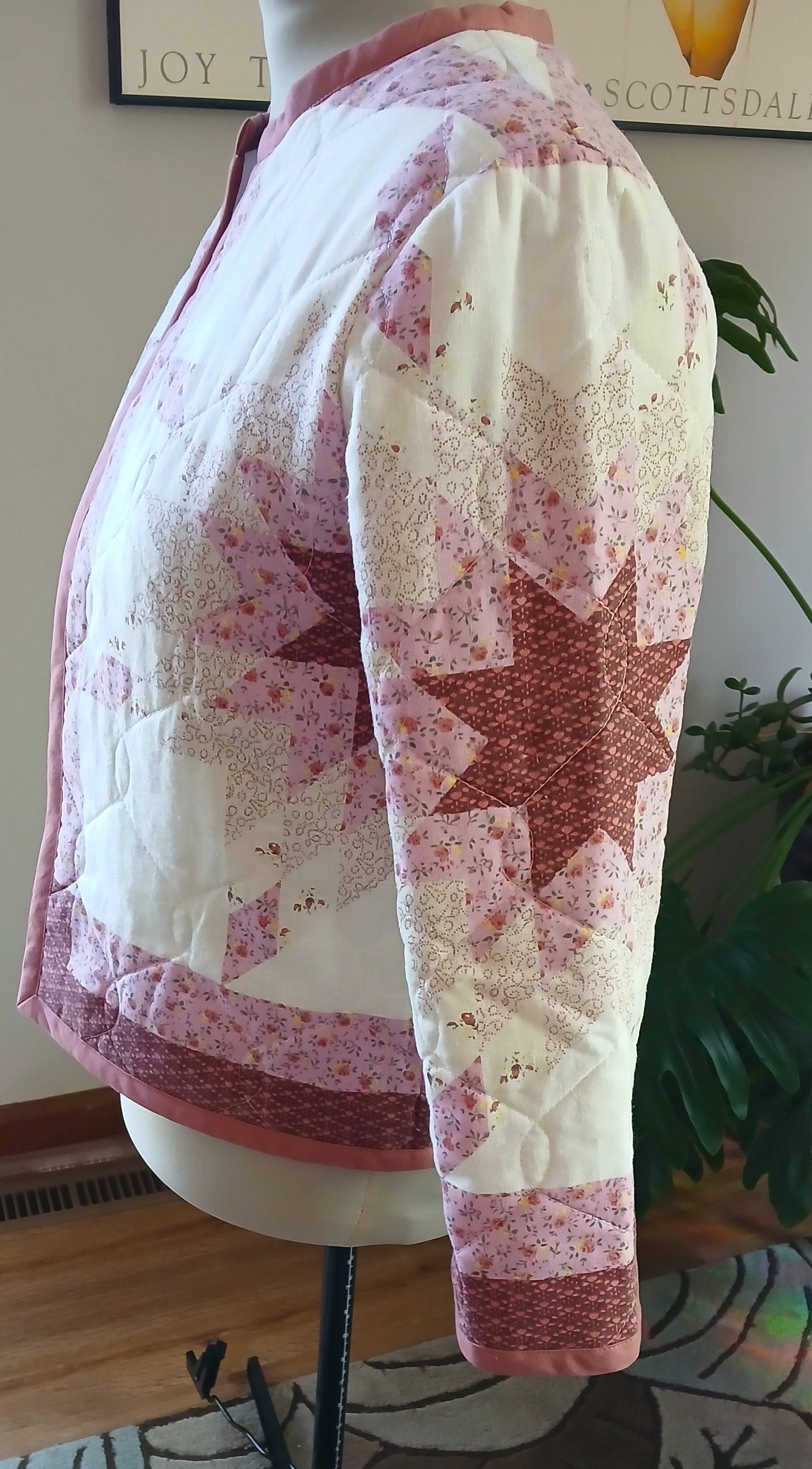 Upcycled Quilt Jacket, Pink Star Design on White