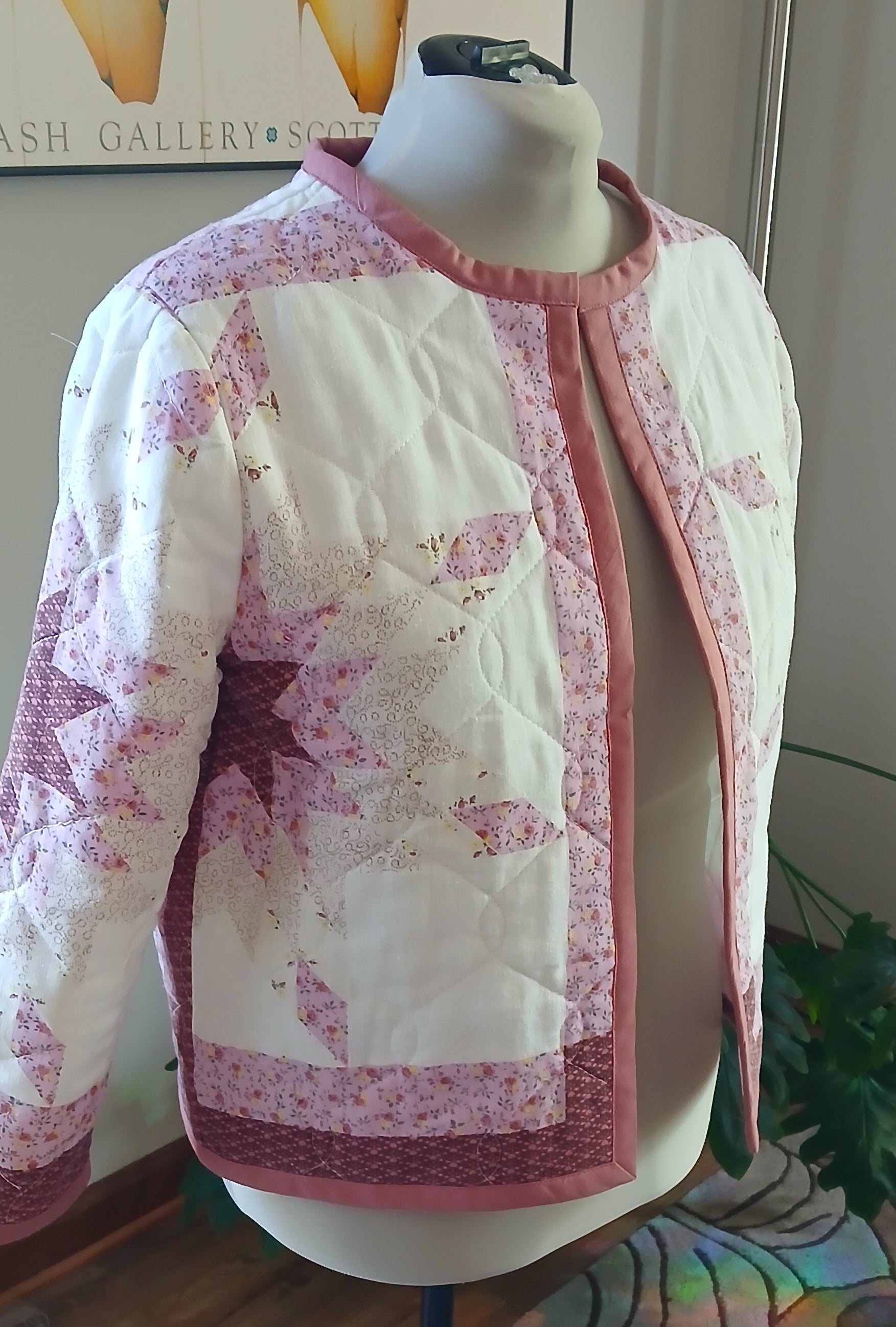 Upcycled Quilt Jacket, Pink Star Design on White