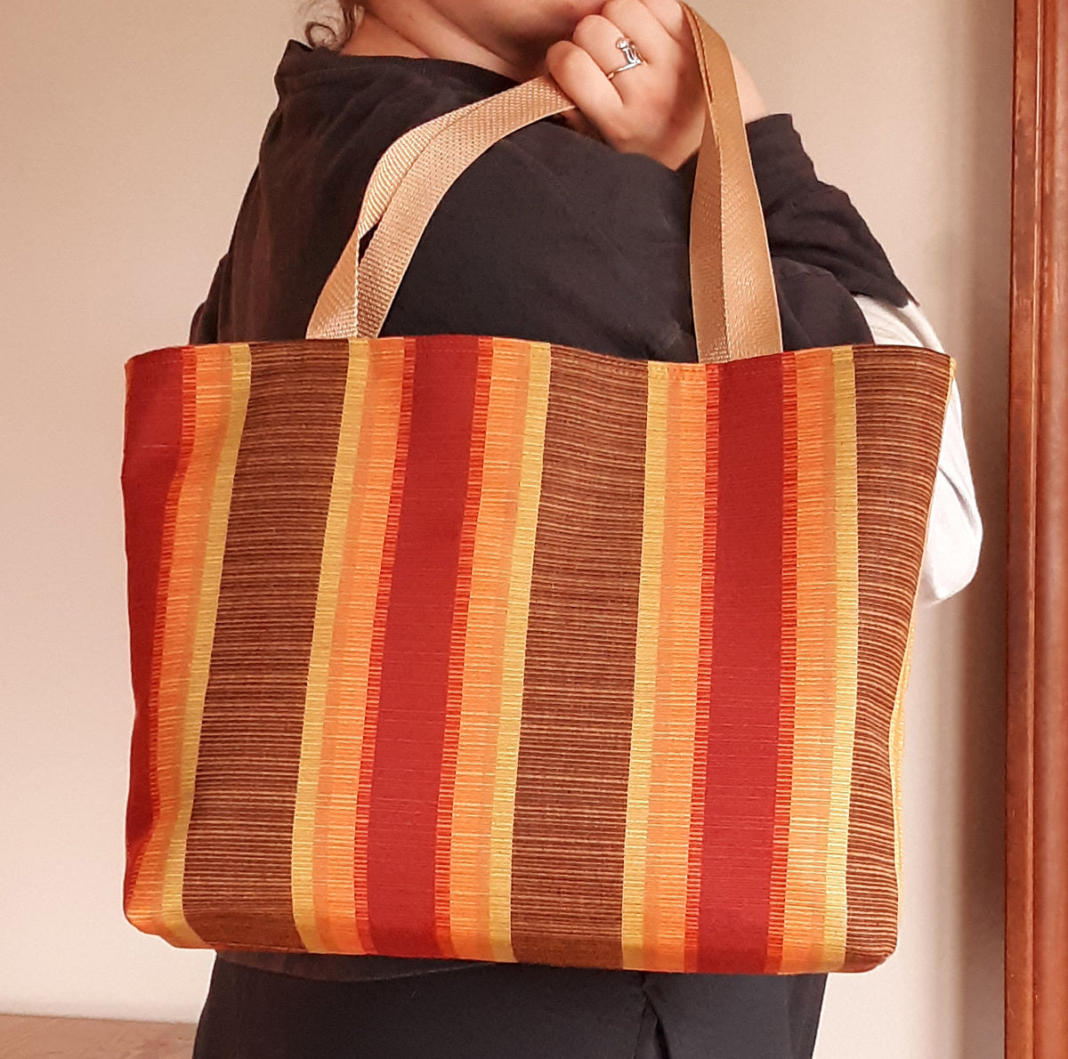 Striped Canvas Tote Bag | Gold, Rust & Brown | Handmade | Fully Lined with Pocket