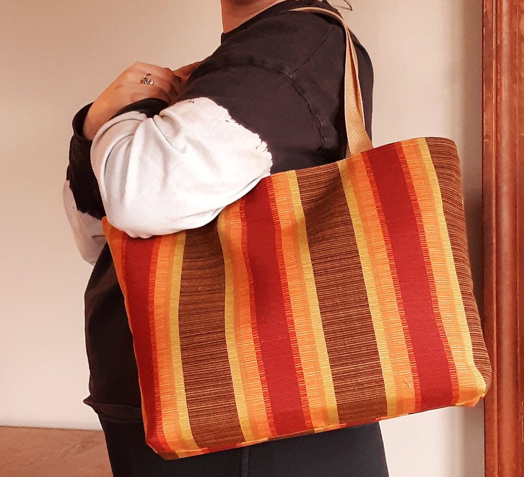 Striped Canvas Tote Bag | Gold, Rust & Brown | Handmade | Fully Lined with Pocket