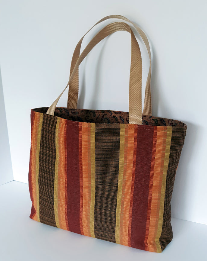 Striped Canvas Tote Bag | Gold, Rust & Brown | Handmade | Fully Lined with Pocket
