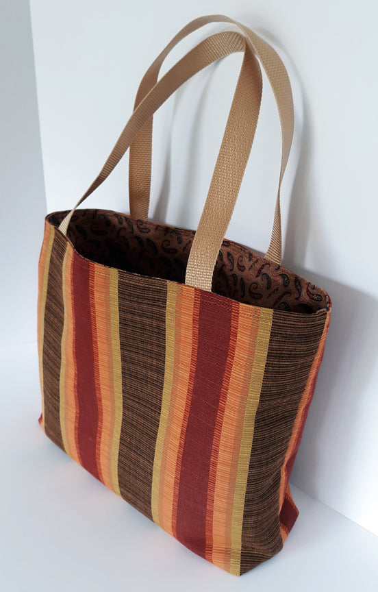 Striped Canvas Tote Bag | Gold, Rust & Brown | Handmade | Fully Lined with Pocket