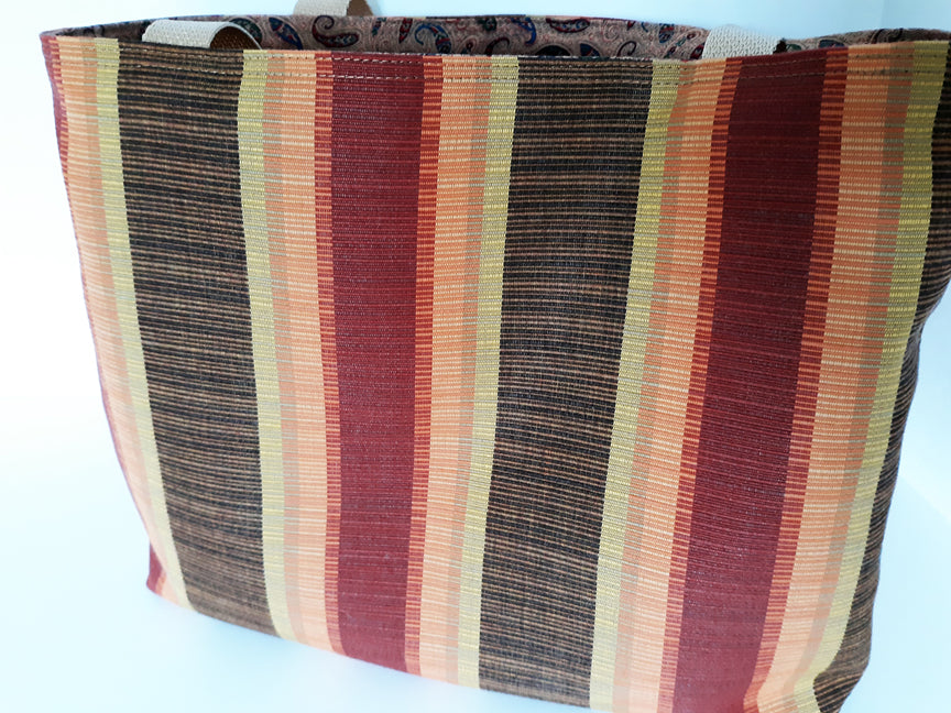 Striped Canvas Tote Bag | Gold, Rust & Brown | Handmade | Fully Lined with Pocket