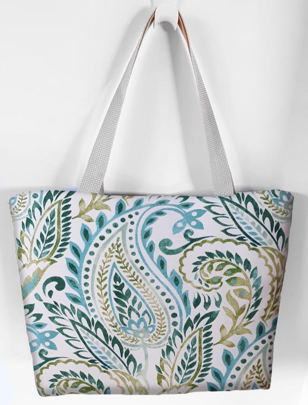 Paisley Beach Tote Bag, Blue Green Waterproof Outdoor Fabric