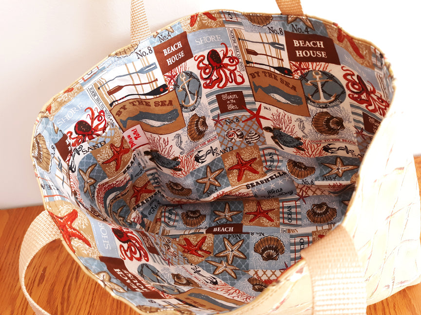 Gold Beach Tote Bag, Bamboo Print Waterproof Outdoor Fabric
