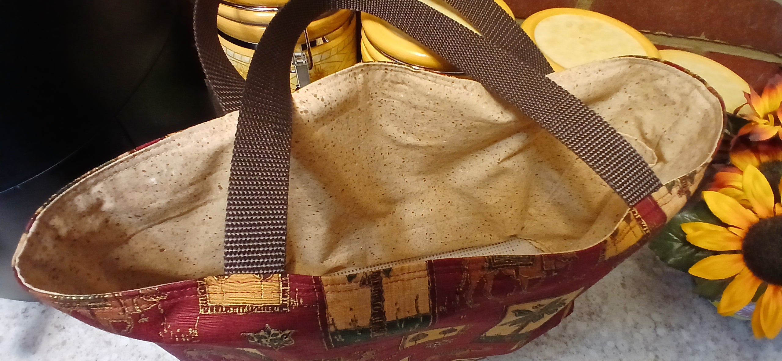 Mediterranean Theme Tote Bag, Burgundy Gold 100% Cotton