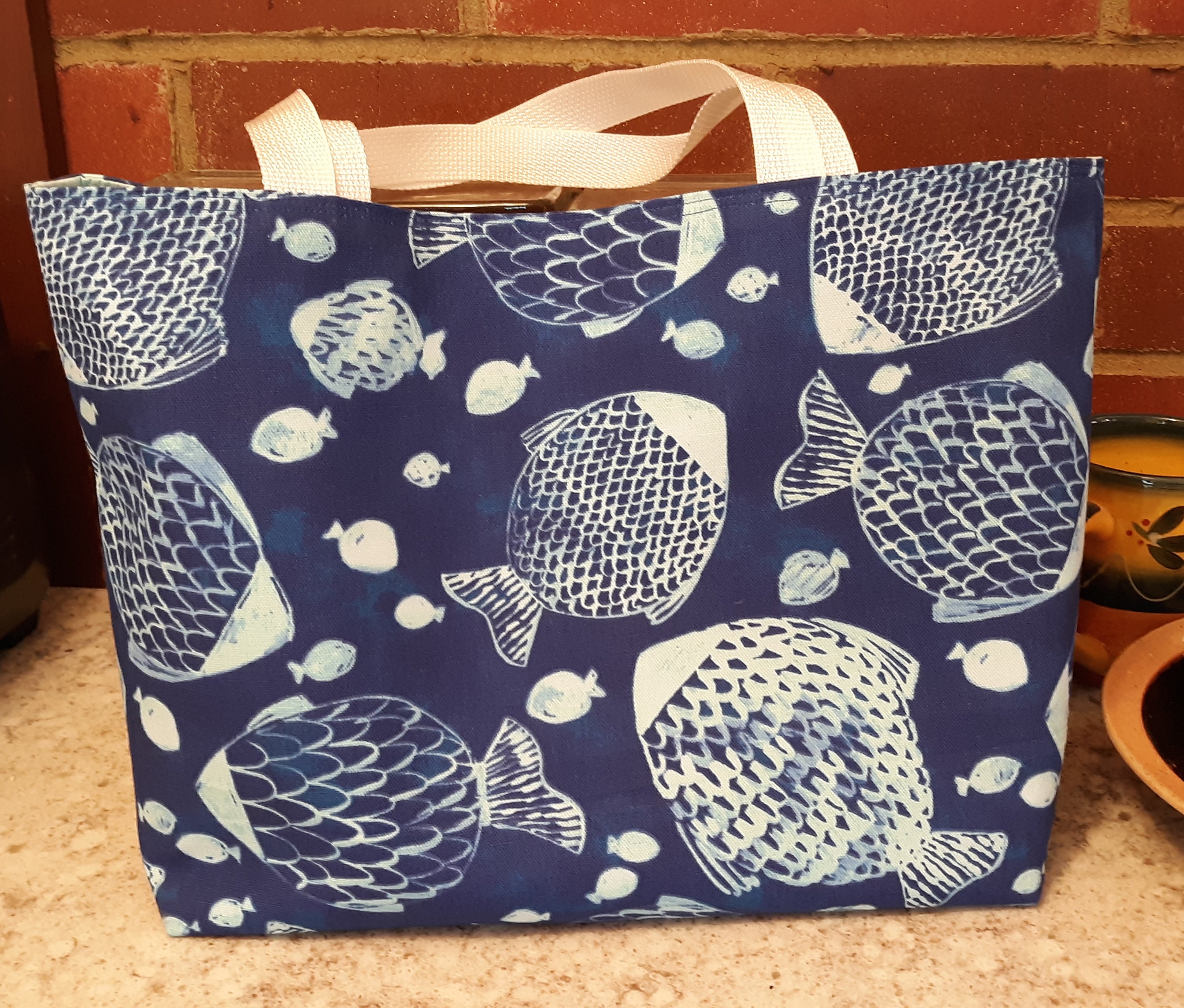 Batik Fish Print Tote Bag, Blue White 100% Cotton