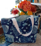 Batik Fish Print Tote Bag, Blue White 100% Cotton