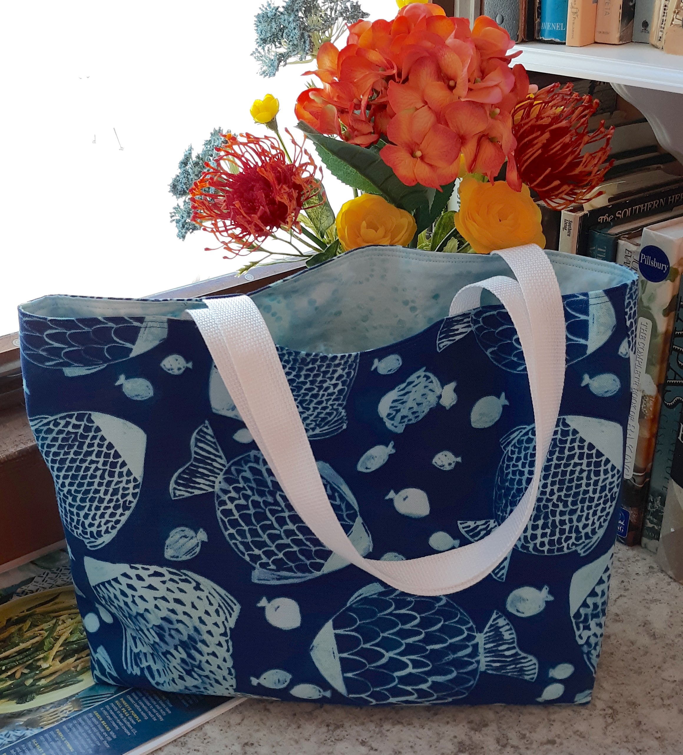 Batik Fish Print Tote Bag, Blue White 100% Cotton
