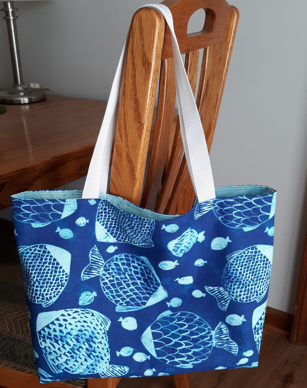 Batik Fish Print Tote Bag, Blue White 100% Cotton
