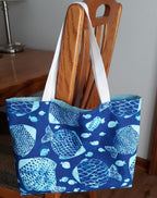 Batik Fish Print Tote Bag, Blue White 100% Cotton