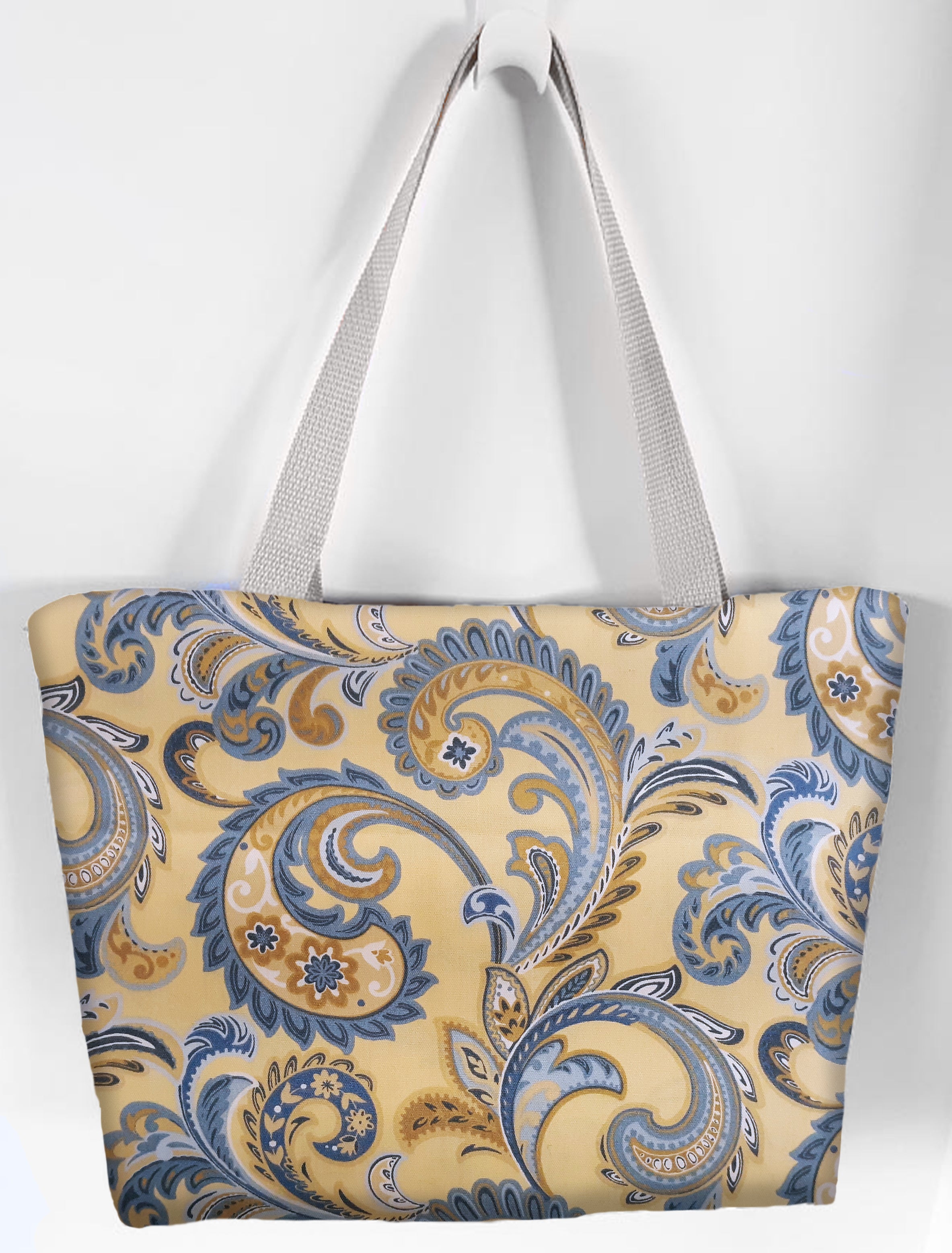 Paisley Beach Tote Bag, Yellow Blue Waterproof Outdoor Fabric