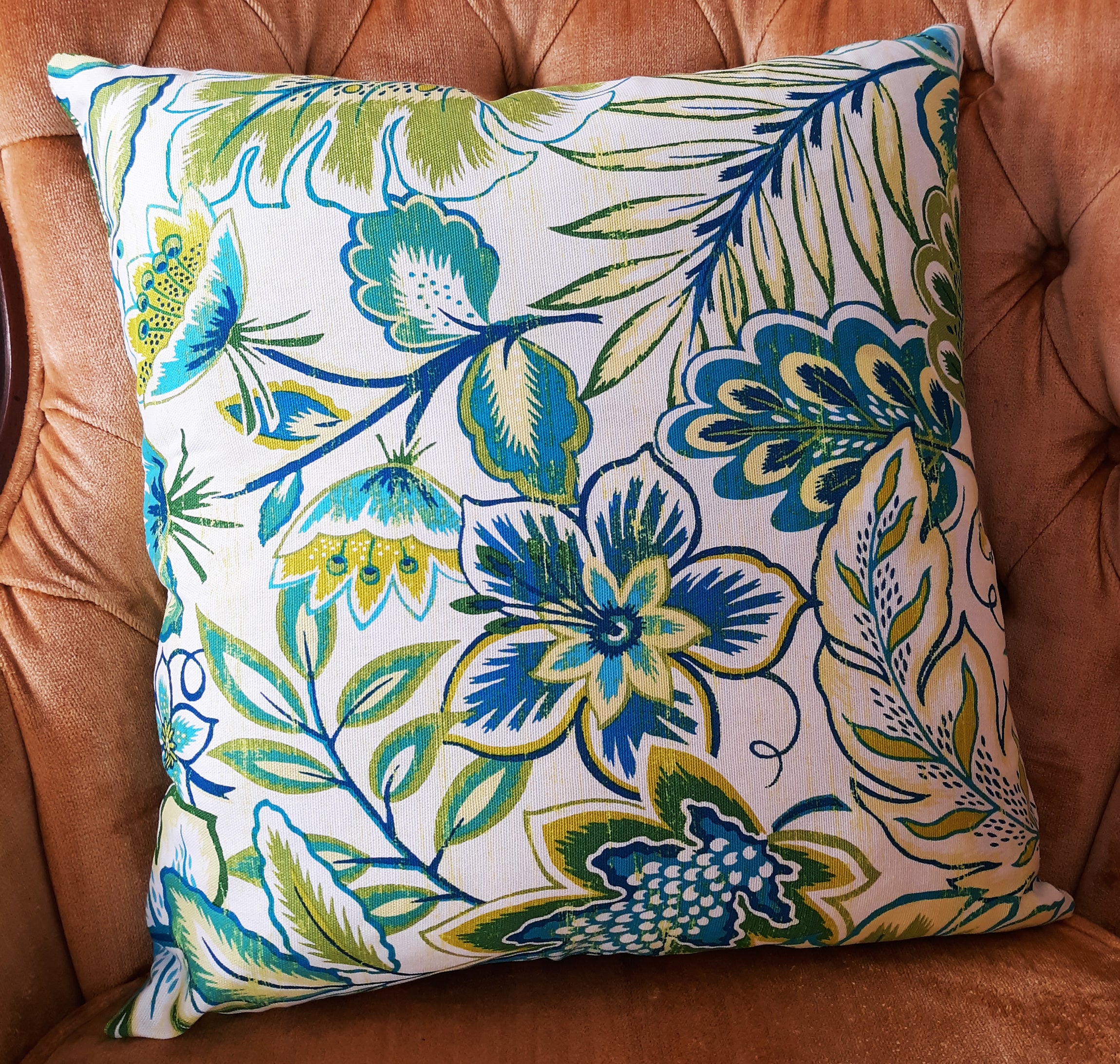 Modern Floral Throw Pillow Cover, Turquoise Chartreuse 100% Cotton