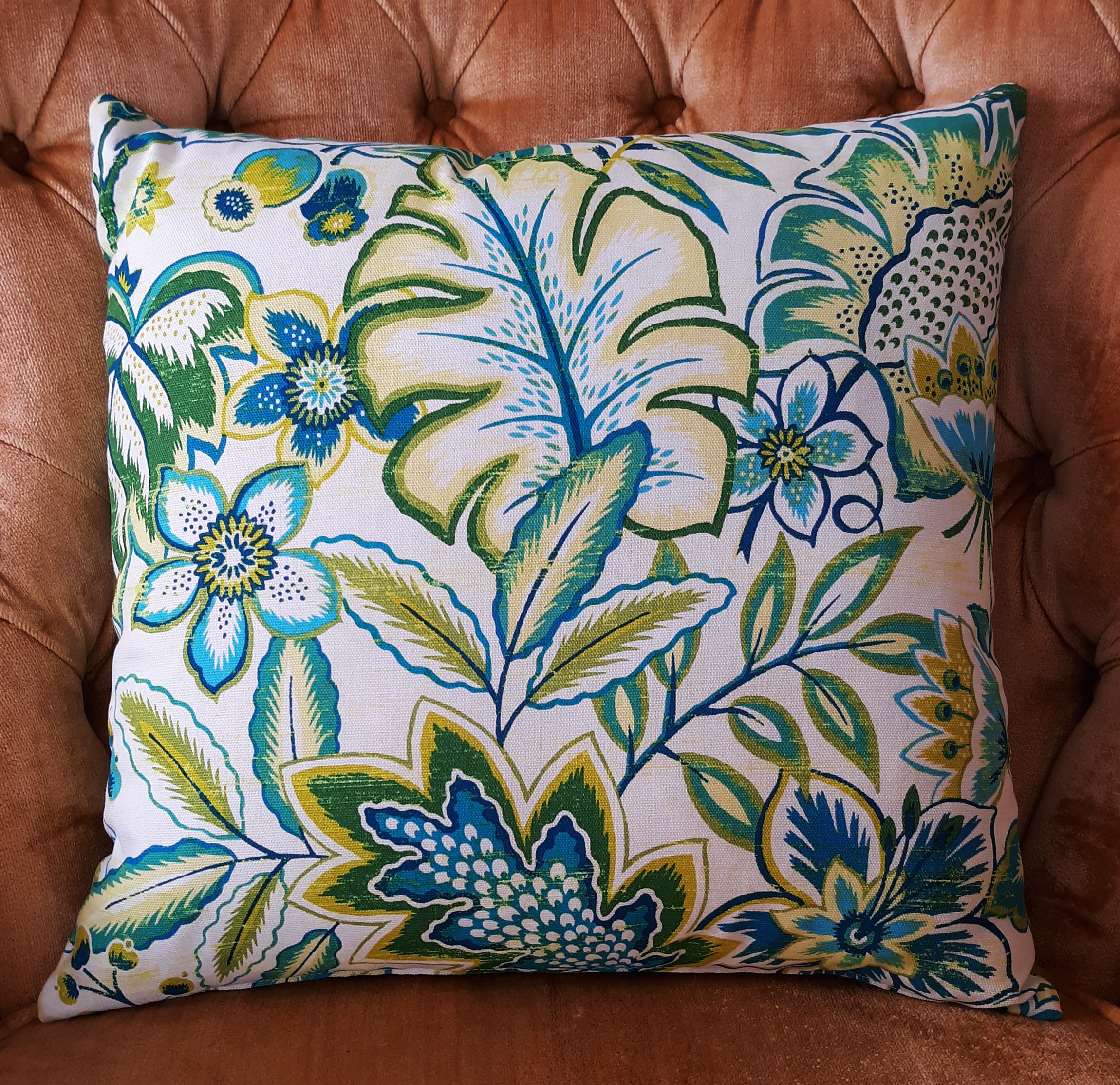 Modern Floral Throw Pillow Cover, Turquoise Chartreuse 100% Cotton