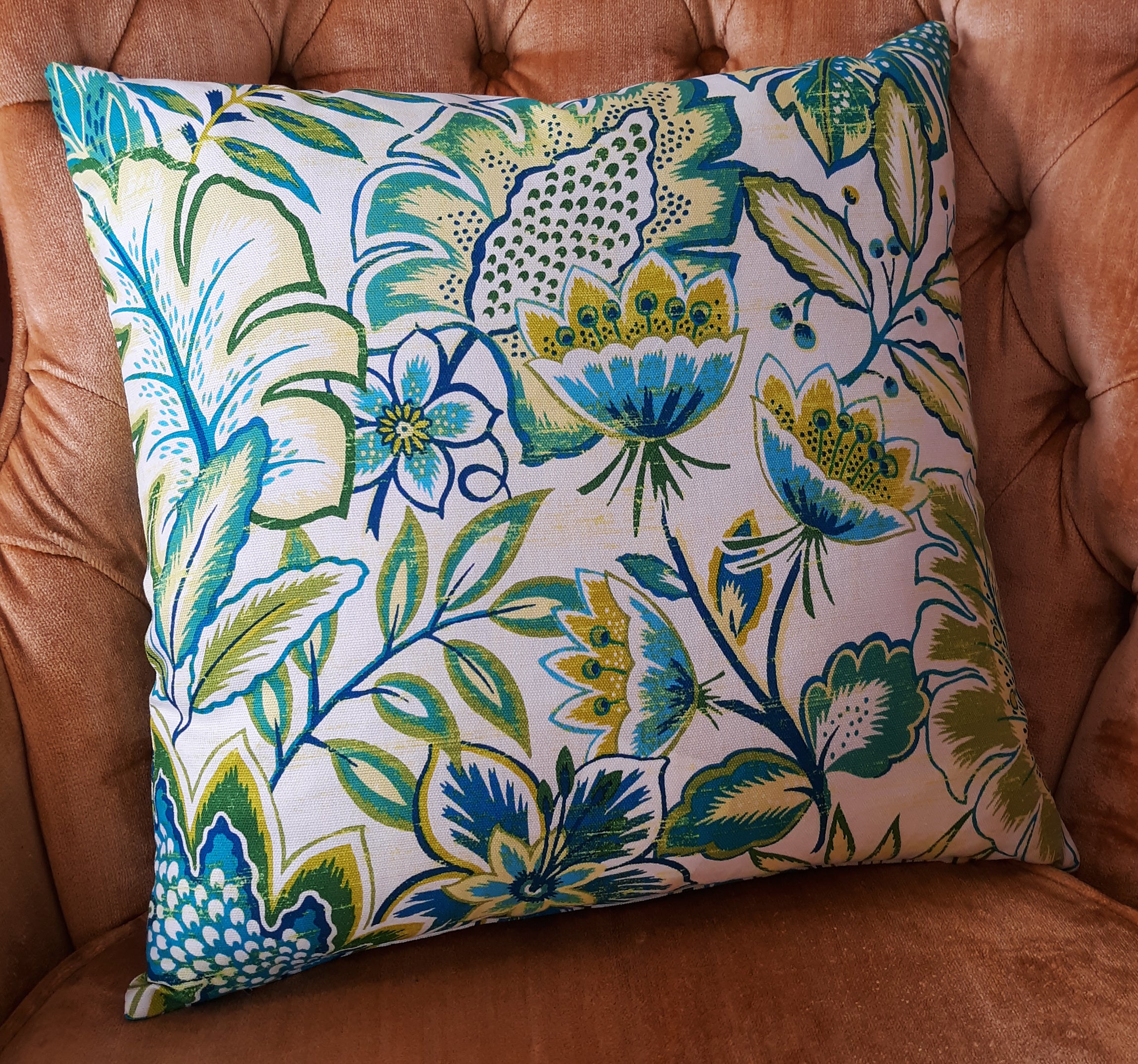 Modern Floral Throw Pillow Cover, Turquoise Chartreuse 100% Cotton