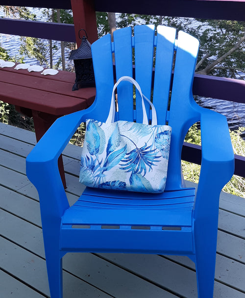Handmade Blue Tropics Waterproof Beach Tote Bag, Tropical Print, Medium