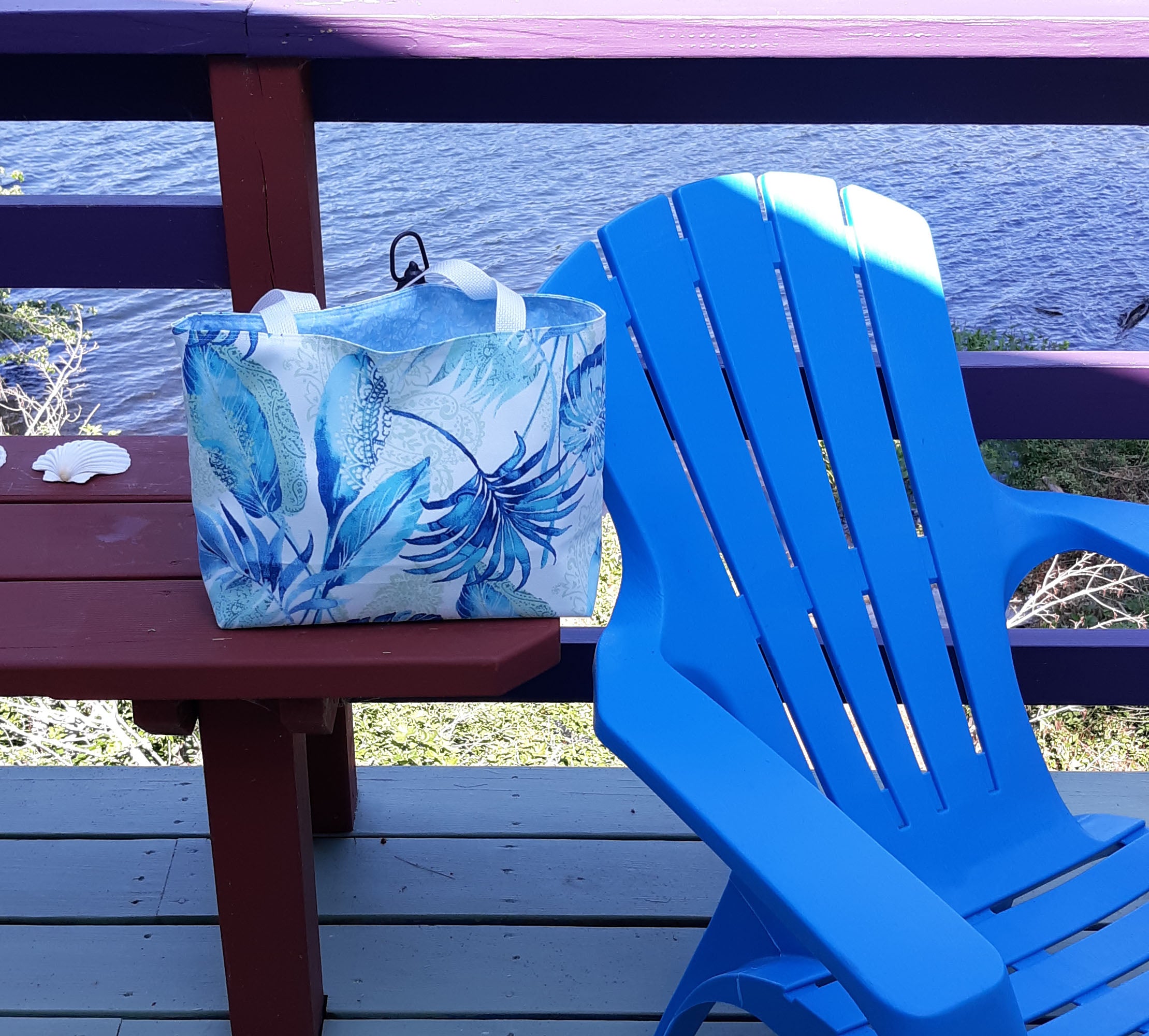 Blue Beach Tote, Tropical Waterproof Outdoor Fabric