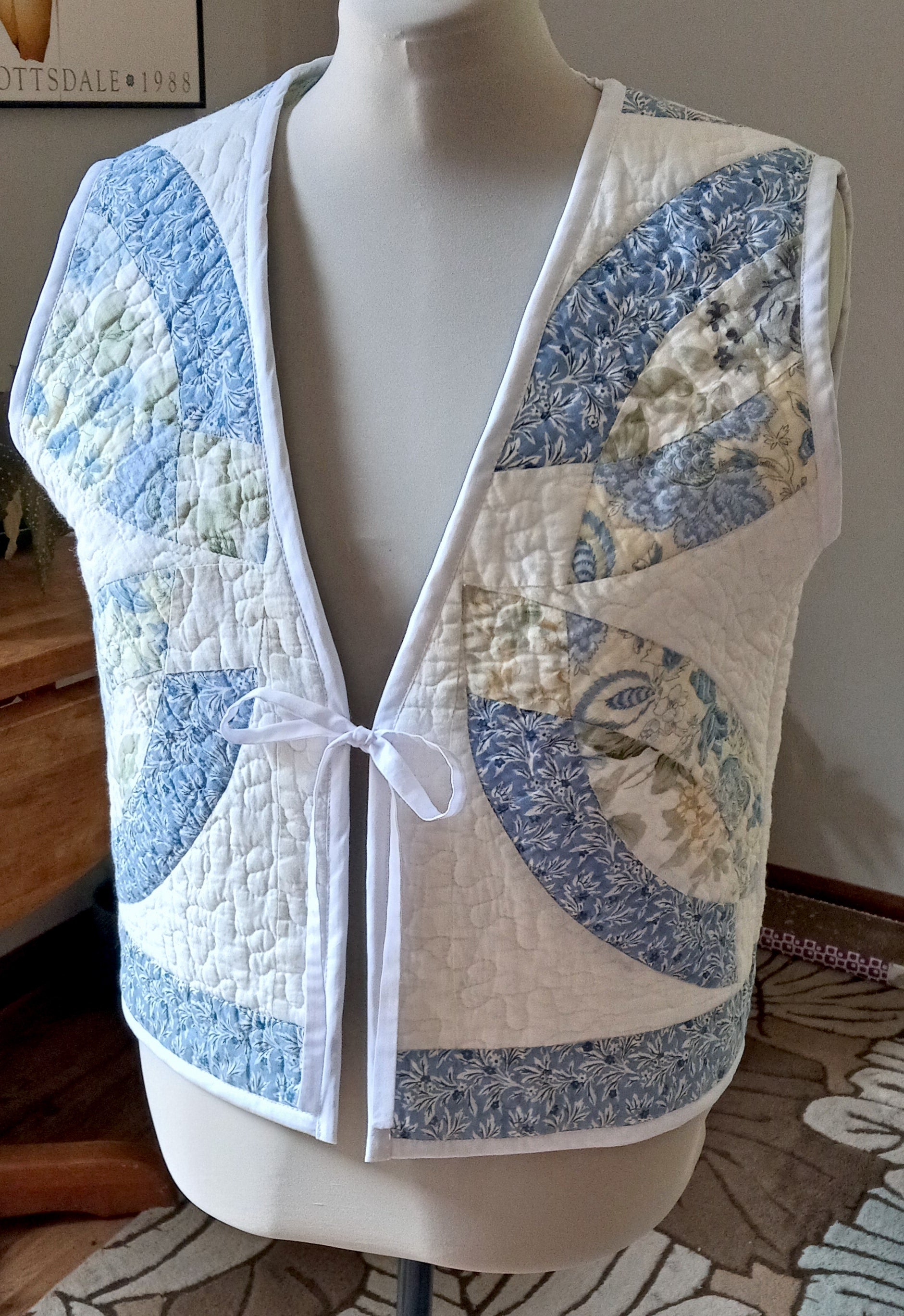 Upcycled Quilt Vest, Wedding Ring Design, Blue & Yellow