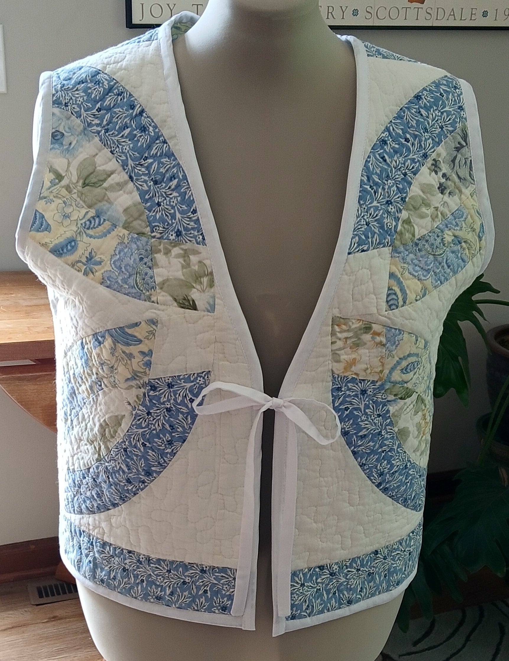 Upcycled Quilt Vest, Wedding Ring Design, Blue & Yellow