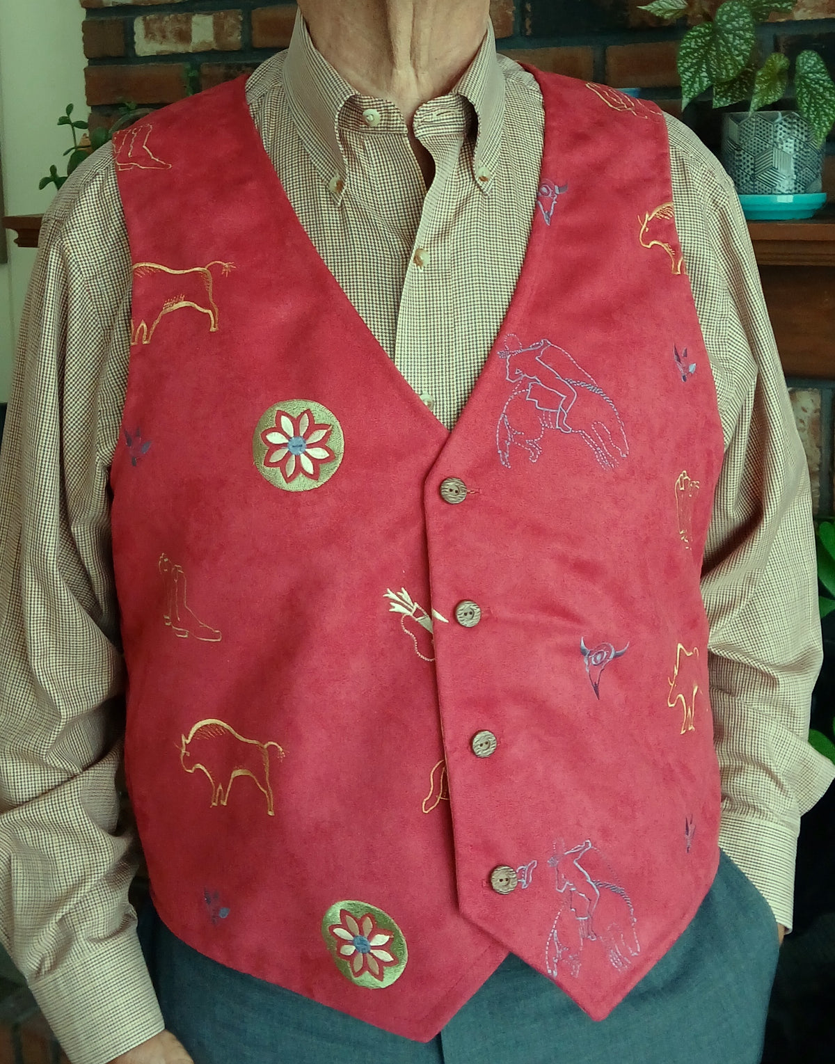 Southwestern Embroidered Faux Suede Vest, Unisex, Handmade, Size XL
