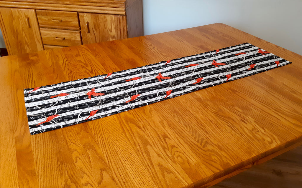 Winter Holidays Table Runner, Red Cardinals White Birches