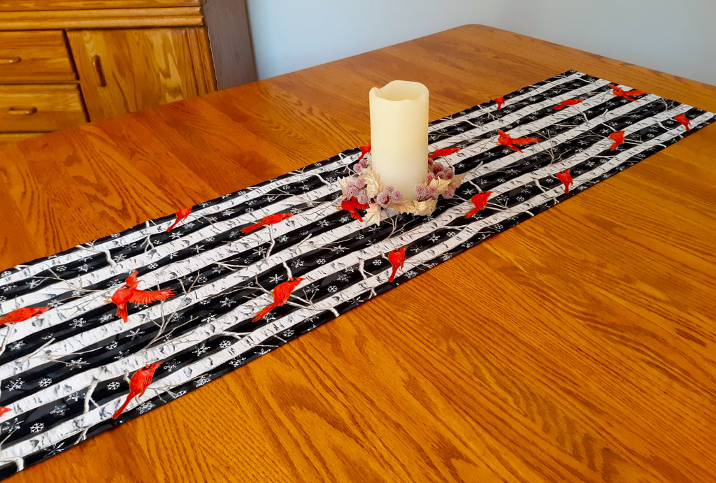 Winter Holidays Table Runner, Red Cardinals White Birches