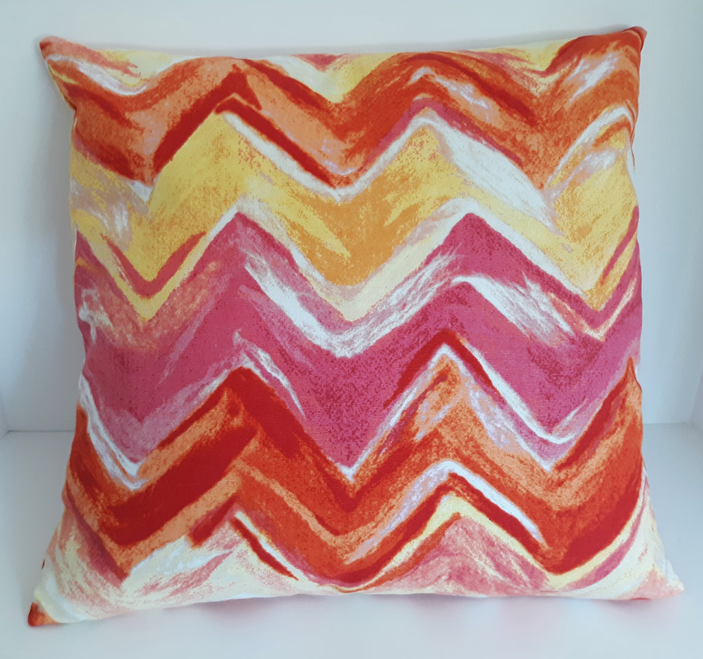 Handmade Watercolor Chevron Throw Pillow Cover, 18"x18", Coral Orange Pink & Gold Zigzag, 100% Cotton